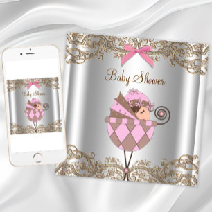Invitation Baby Shower Fille Ruban Dentelle Rose Marron