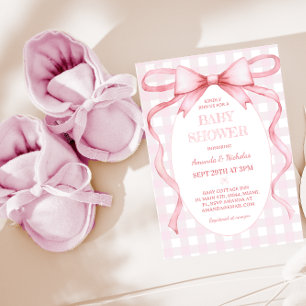 Invitation Baby Shower Fille Ruban Gingham Rose 