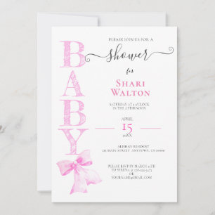 Invitation BABY SHOWER FILLE RUBAN ROSE