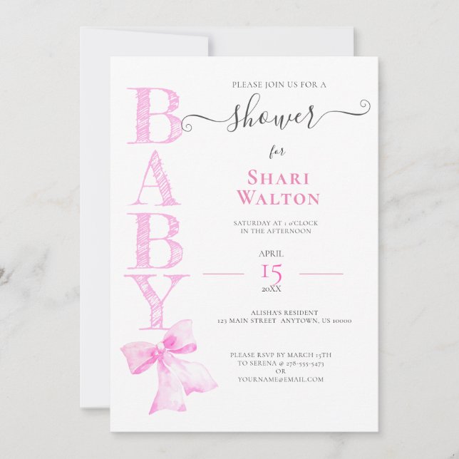 Invitation BABY SHOWER FILLE RUBAN ROSE (Devant)
