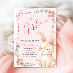 Invitation Baby Shower Fille Ruban Rose Gingham Fleur Sauvage