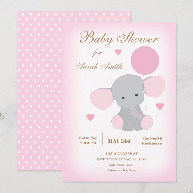 Invitation Baby shower fille saupoudrer l'invitation éléphant (Devant / Derrière)
