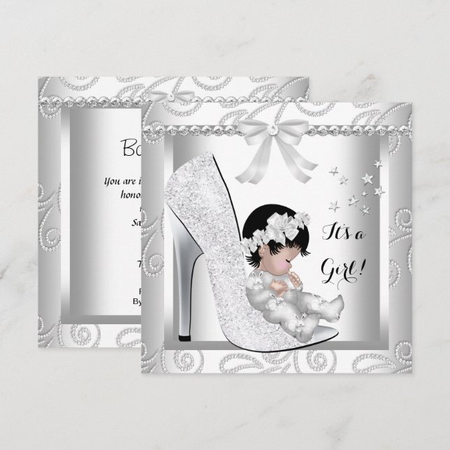 Invitation Baby shower fille Silver Grey Blanc Diamond Chauss (Devant / Derrière)