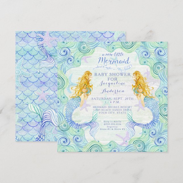 Invitation Baby shower fille sirène aquarelle Waves Wood Art (Devant / Derrière)