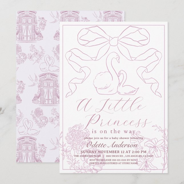 Invitation Baby shower fille Swan Pink Toile de Jouy (Devant / Derrière)