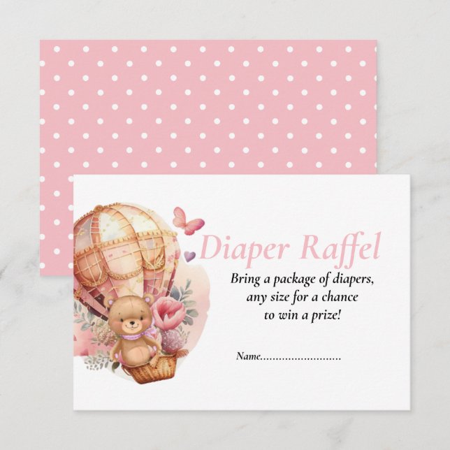 Invitation Baby Shower Fille Teddy Ballons Diaper Raffel   (Devant / Derrière)