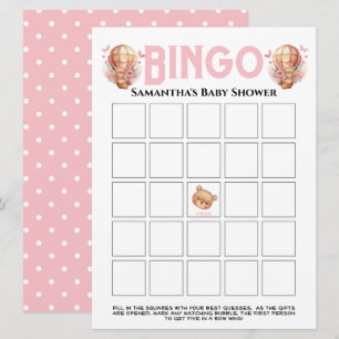Invitation Baby Shower Fille Teddy Balloon Rose Bingo