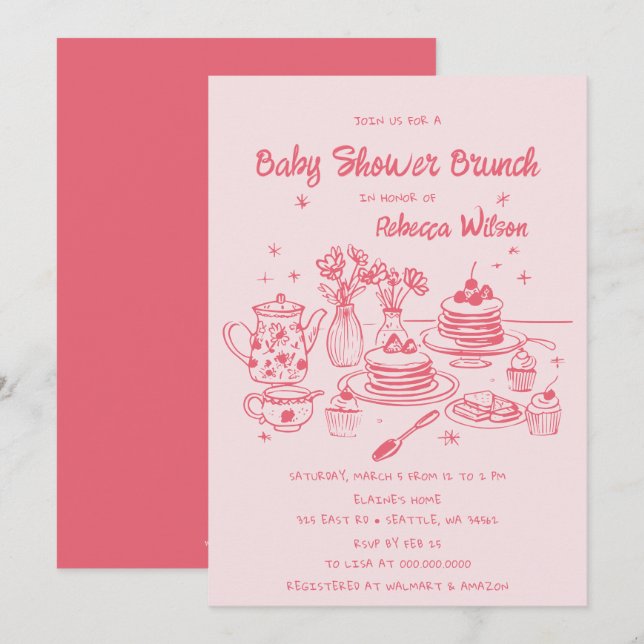 Invitation Baby shower Fille Tiré À La Main Rose Whimsical Br (Devant / Derrière)