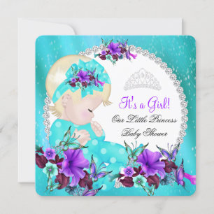 Invitation Baby shower fille Turquoise bleu pourpre floral 3