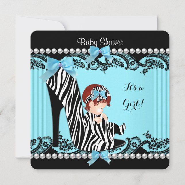 Invitation Baby shower fille Turquoise bleu zèbre cheveux rou (Devant)