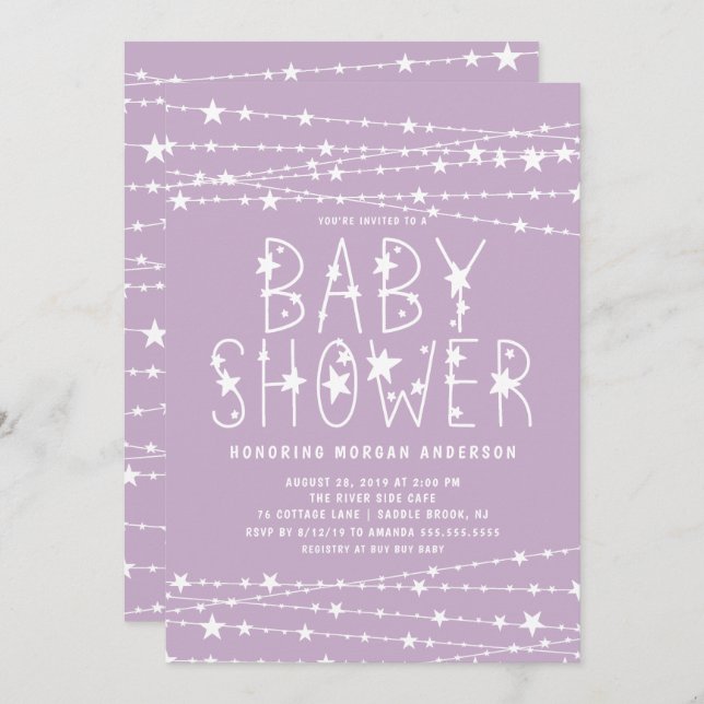 Invitation Baby shower fille Twinkle Stars (Devant / Derrière)