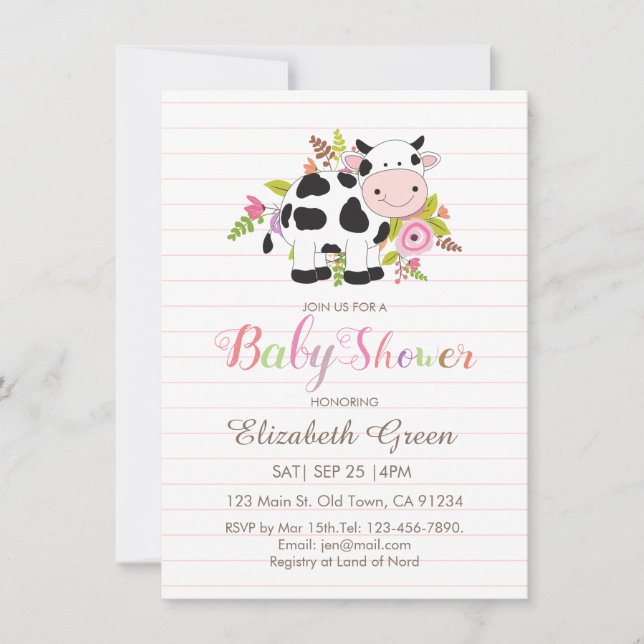 Invitation Baby shower Fille Vache Rose Floral (Devant)