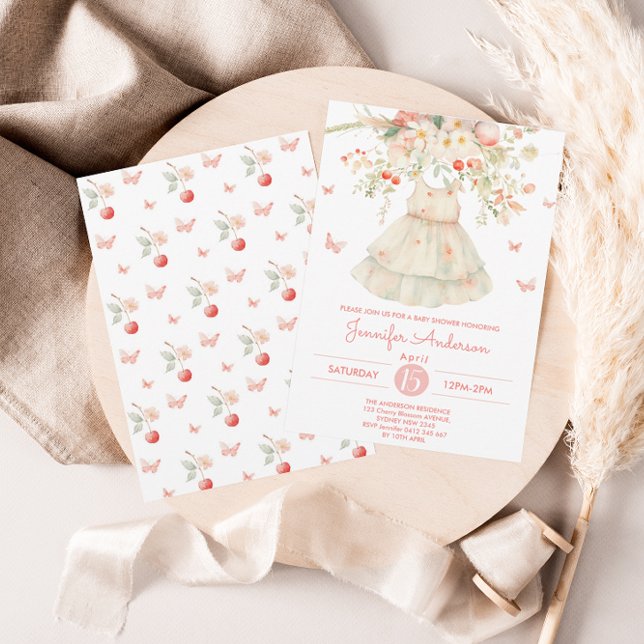 Invitation Baby shower Fille Vêtements bébé cerise en fleurs (Créateur téléchargé)