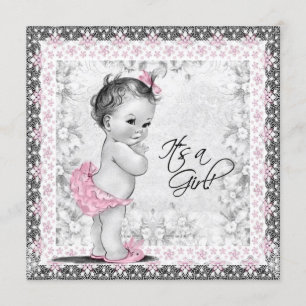 Invitation Baby Shower Fille Vintage Rose et Gris