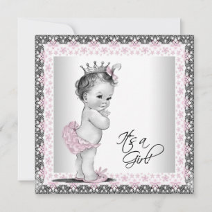 Invitation Baby Shower Fille Vintage Rose et Gris