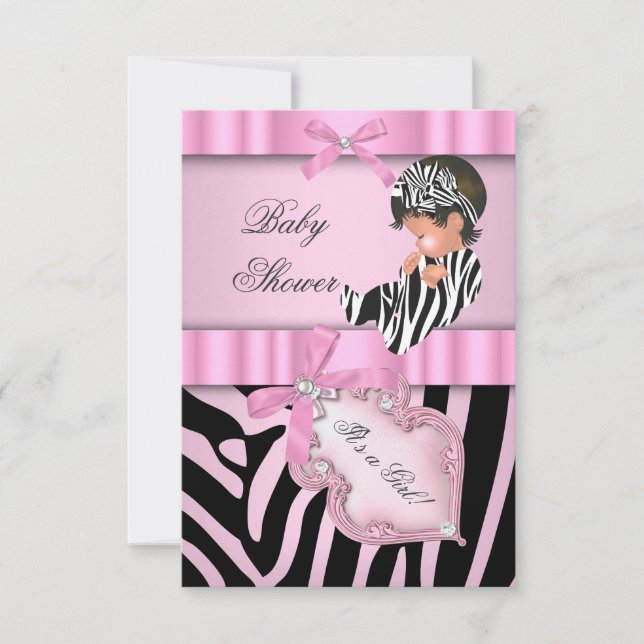 Invitation Baby shower fille Zebra rose noir (Devant)