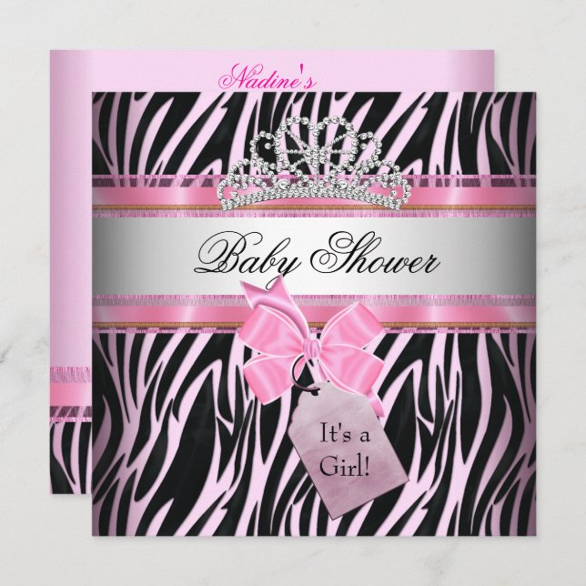 Invitation Baby shower fille Zebra rose princesse noire (Devant / Derrière)