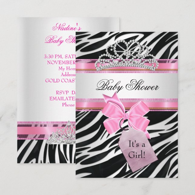 Invitation Baby shower fille Zebra rose princesse Tiara (Devant / Derrière)