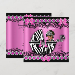 Invitation Baby Shower Fille Zèbre Rose Afro-Américaine Berce