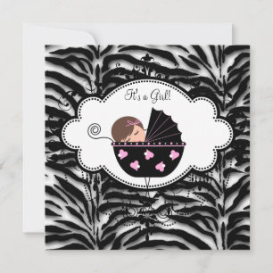 Invitation Baby Shower Fille Zèbre Rose Noir