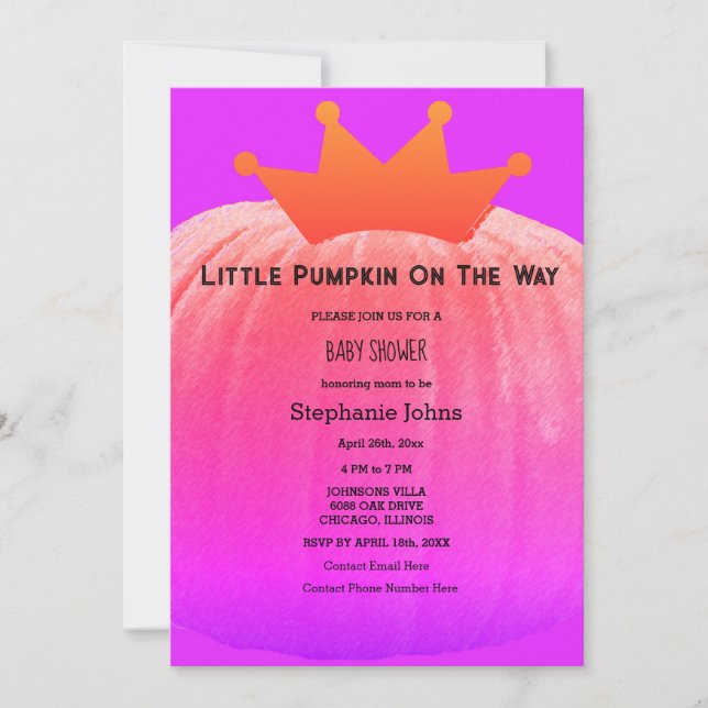 Invitation Baby shower filles Citrouille rose violet code QR (Devant)