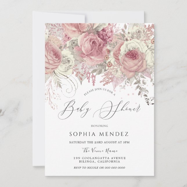 Invitation Baby shower Filles Florales Enchantées Argent & Bl (Devant)