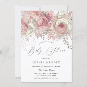 Invitation Baby shower Filles Florales Enchantées Argent & Bl