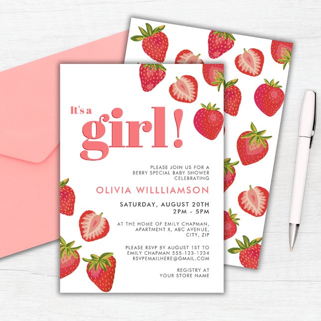 Invitation Baby shower Filles fraises (Strawberry baby shower invitation. Customize with your own details.)