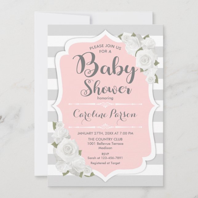 Invitation Baby shower Filles - Gris Rose (Devant)