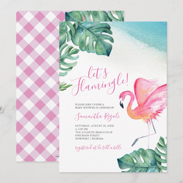 Invitation Baby shower Flamant rose Feuille tropical (Devant / Derrière)
