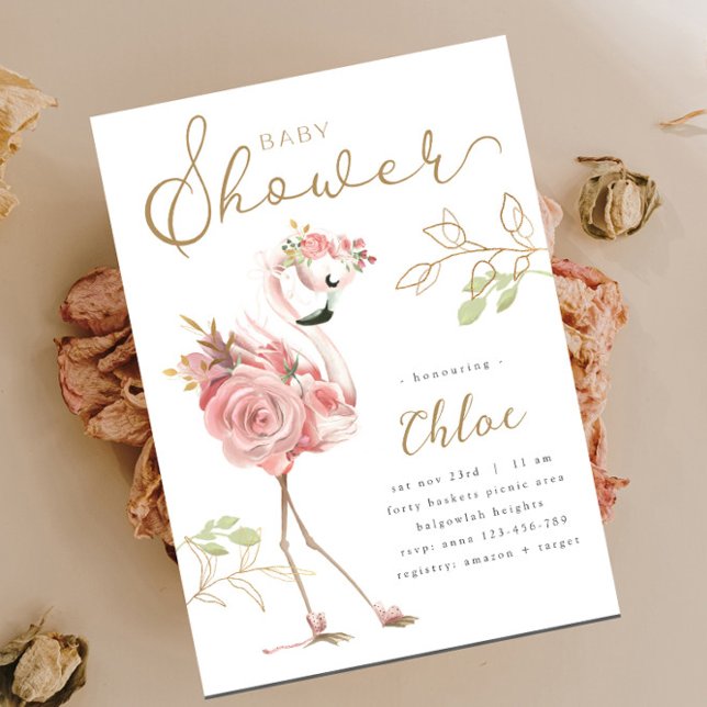Invitation Baby shower Flamant rose, Flamant rose Floral rose (Créateur téléchargé)
