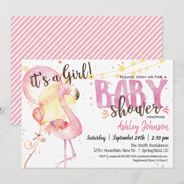 Invitation Baby shower Flamant rose rose (Devant / Derrière)