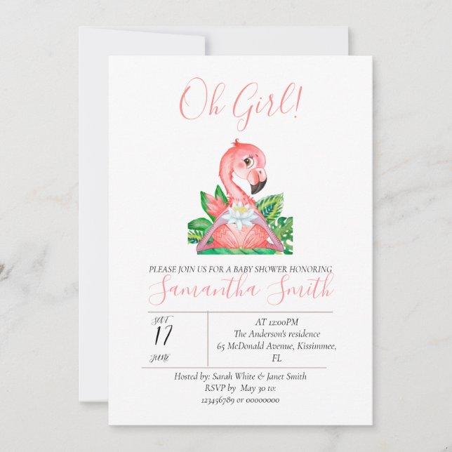 Invitation Baby shower Flamant rose rose Jungle Aquarelle (Devant)