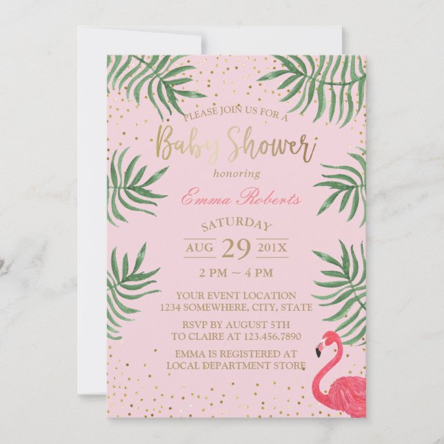 Invitation Baby shower Flamant rose Tropical Gold Confetti (Devant)