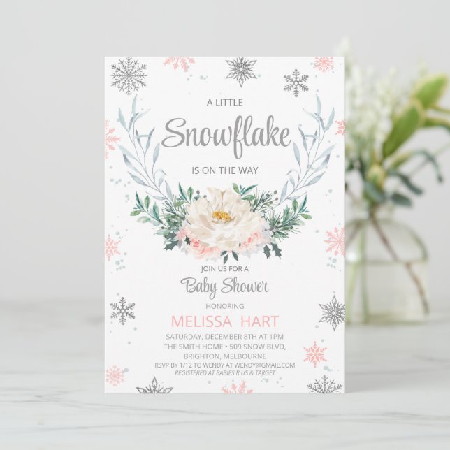 Invitation Baby shower Flamme de neige Floral Wreath Winter G (Debout devant)