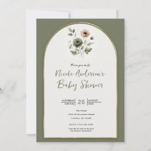 Invitation Baby Shower Fleur Aquarelle Olive Poussiéreuse Et 