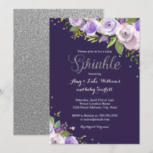 Invitation Baby Shower Fleur avec Paillettes Argent Violet