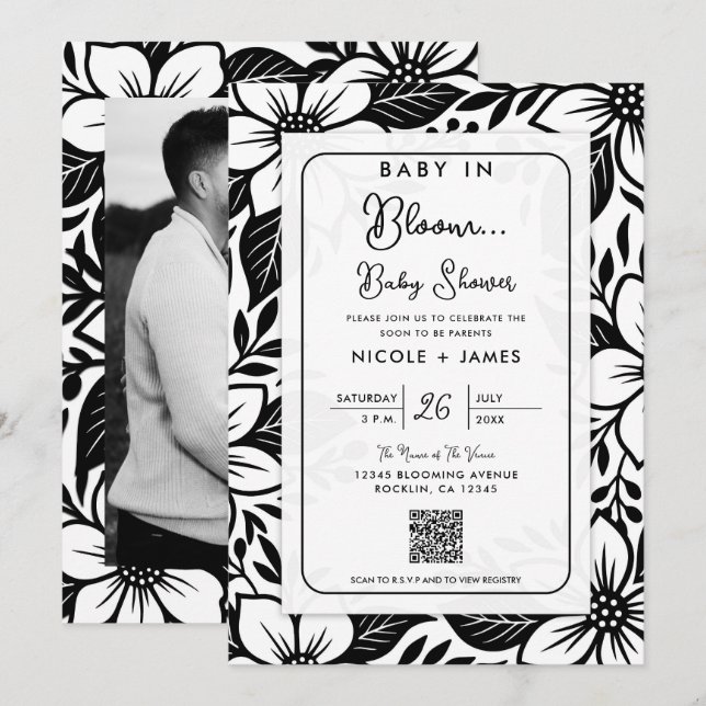 Invitation Baby Shower Fleur Bloom Noir & Blanc Gras (Devant / Derrière)