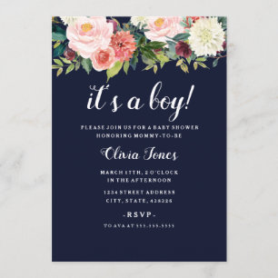 Invitation Baby Shower Fleur Botanique Peche Navy