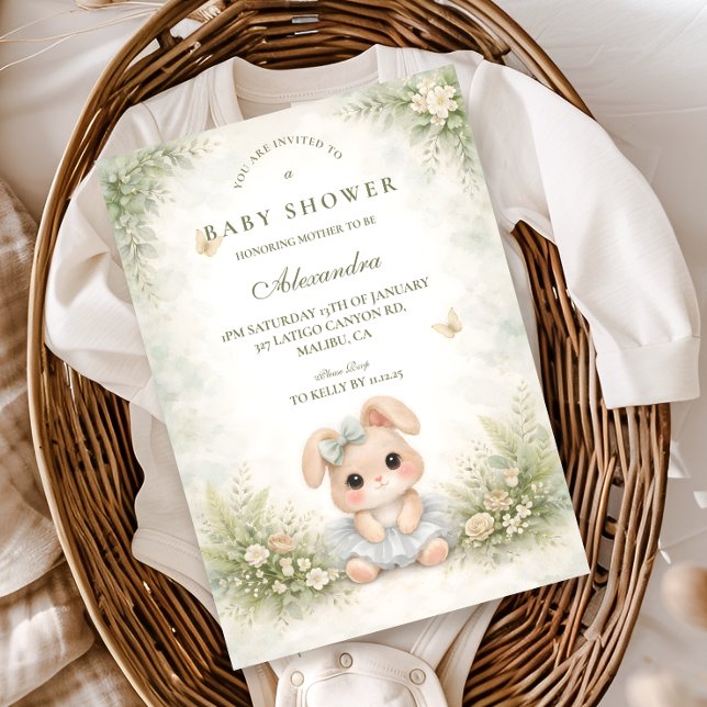 Invitation Baby Shower Fleur Bunny Vert Sauge (Créateur téléchargé)