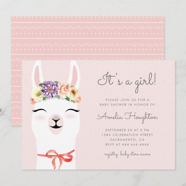 Invitation Baby shower Fleur Cute Couronne & Llama Girl (Devant / Derrière)