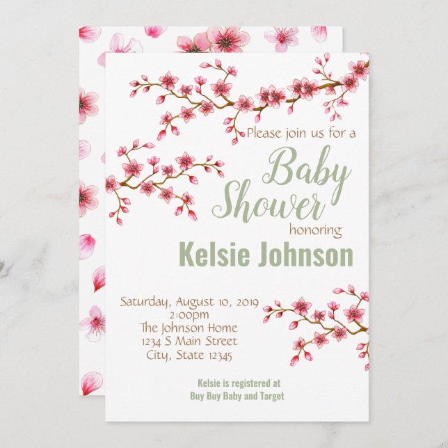 Invitation Baby Shower Fleur de Cerisier (Devant / Derrière)