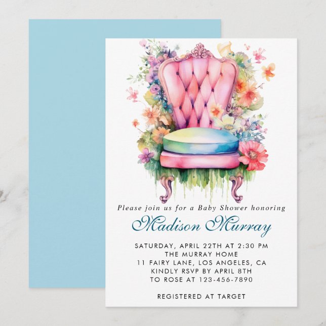 Invitation Baby shower Fleur Fleur Fleur Bleu et Rose (Devant / Derrière)
