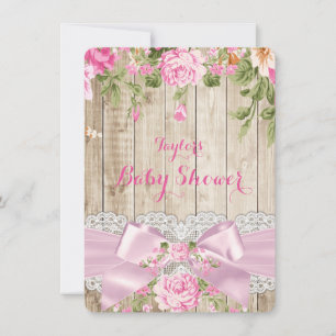 Invitation Baby Shower Fleur Rose Dentelle Bois Rustique