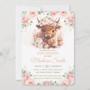 Invitation Baby Shower Fleur rose et vache des Highlands tout