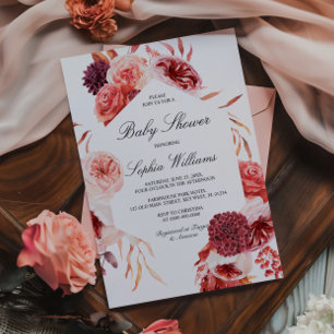 Invitation Baby-Shower Fleur Rose Marsala Bohème