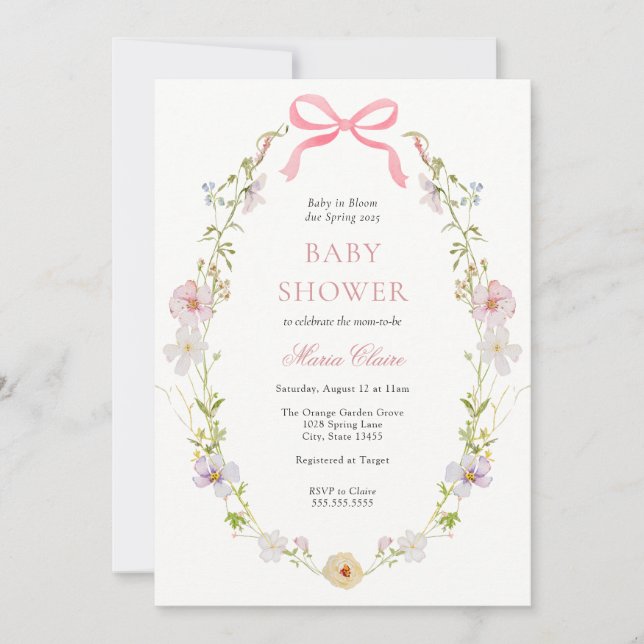 Invitation Baby shower fleur sauvage à cou rose (Devant)