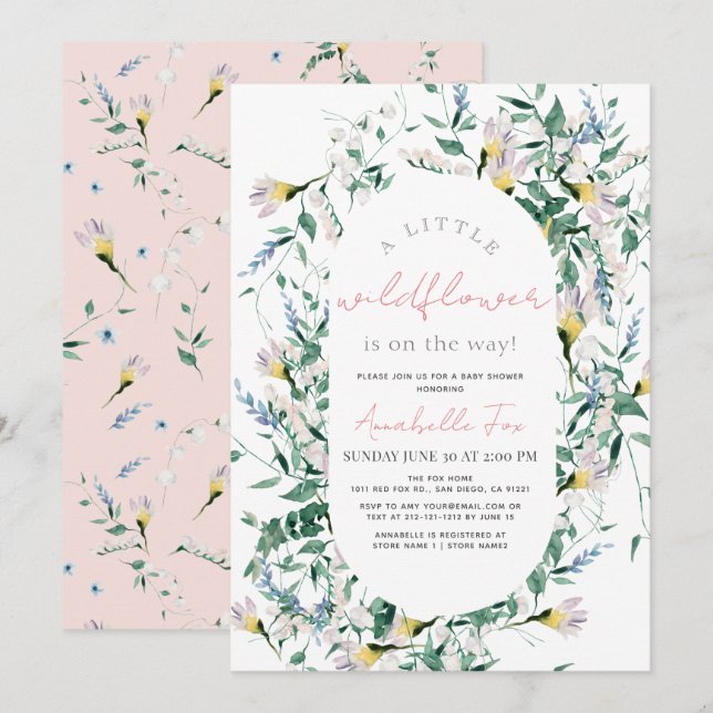 Invitation Baby shower fleur sauvage Aquarelle rose fille (Devant / Derrière)