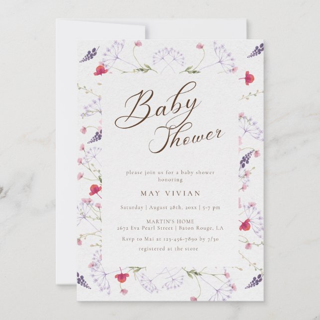 Invitation Baby shower Fleur sauvage aquarellisé (Devant)