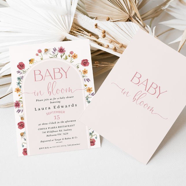 Invitation Baby shower Fleur sauvage Arch Delicate (Modern wildflowers baby in bloom baby shower invitation featuring a blush colored arch and flowers.)